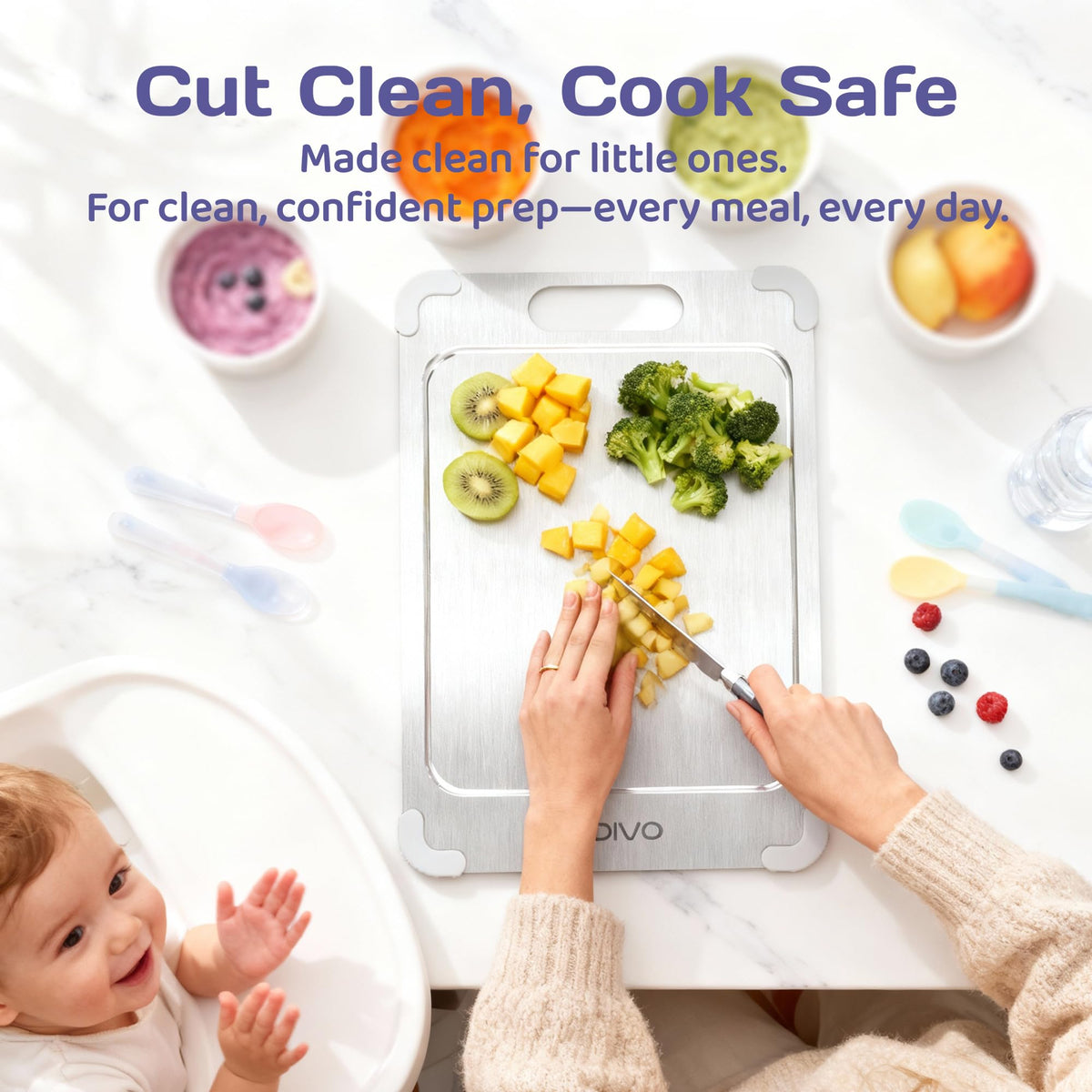 ADIVO titanium cutting board with smooth surface resists stains and odors.