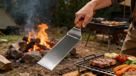 Adoco beveled-edge spatula on a flat-top grill for smooth turning.