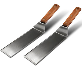 Adoco extra-long griddle spatula with wooden handle, left view for amplified leverage.