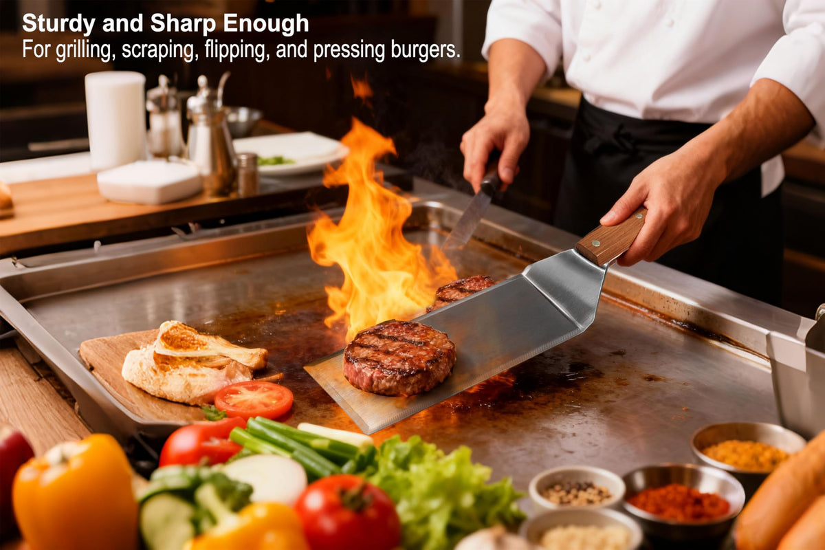 Adoco full-tang stainless steel spatula with broad head for precise control.