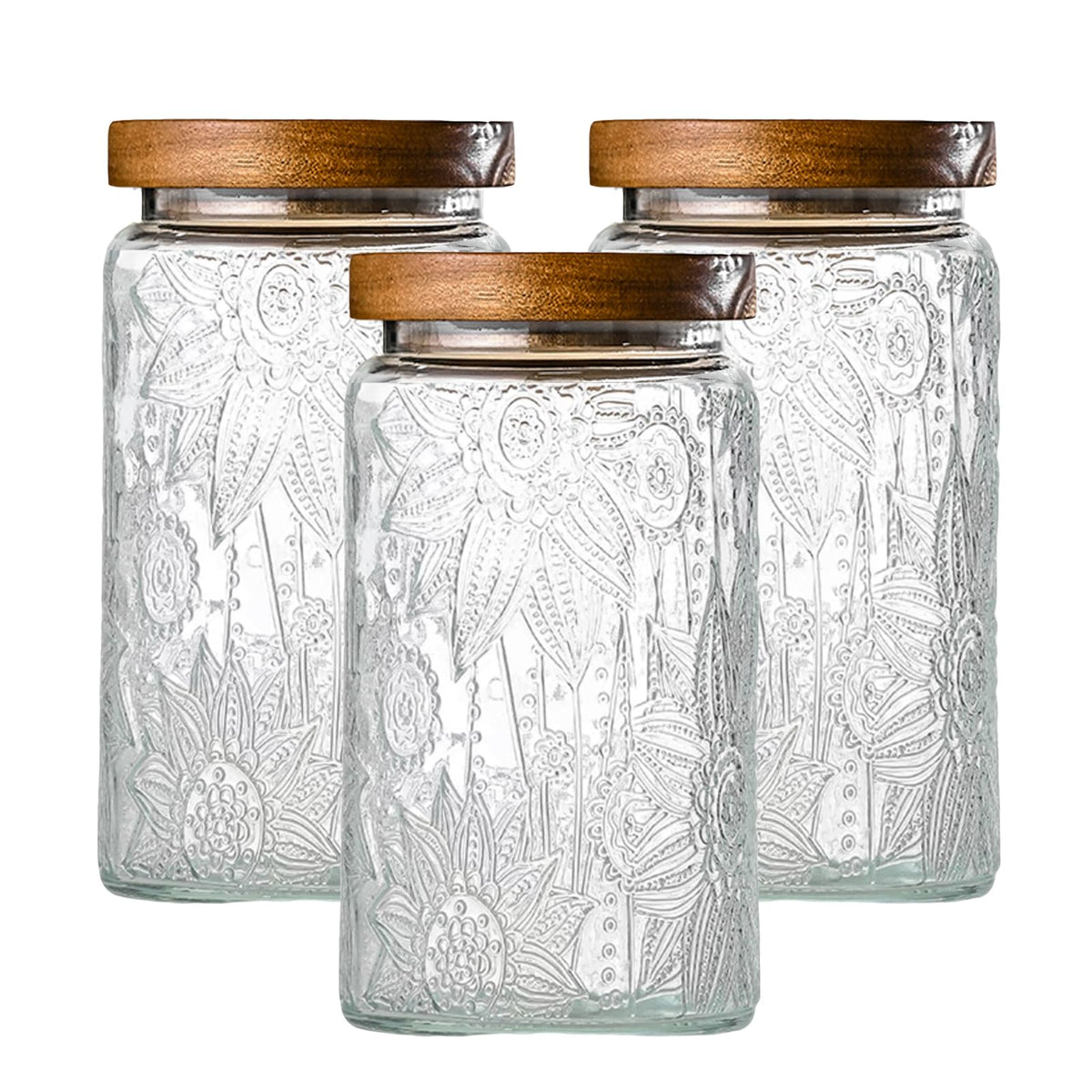Adodeen 3-pack jar with sunflower cameo embossing for stylish pantry storage.
