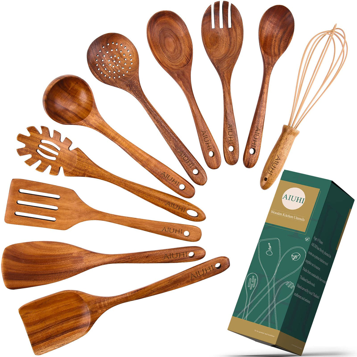 ADT AIUHI teak spoon close-up with smooth satin finish for non-stick pans.