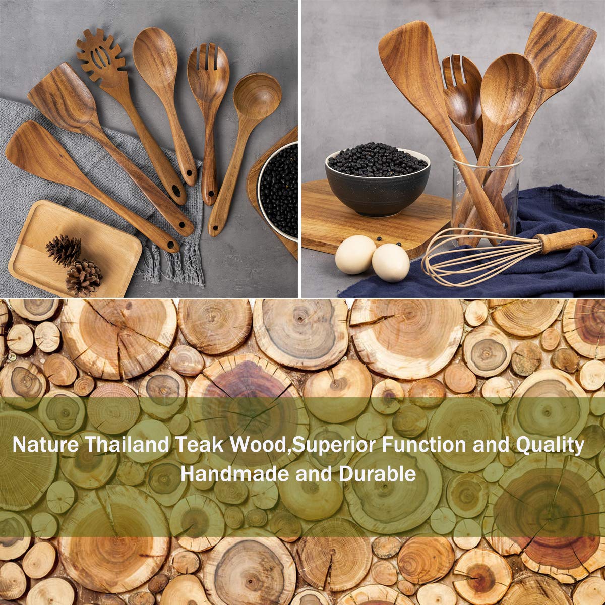 ADT AIUHI teak utensils laid out to highlight durable natural grain.