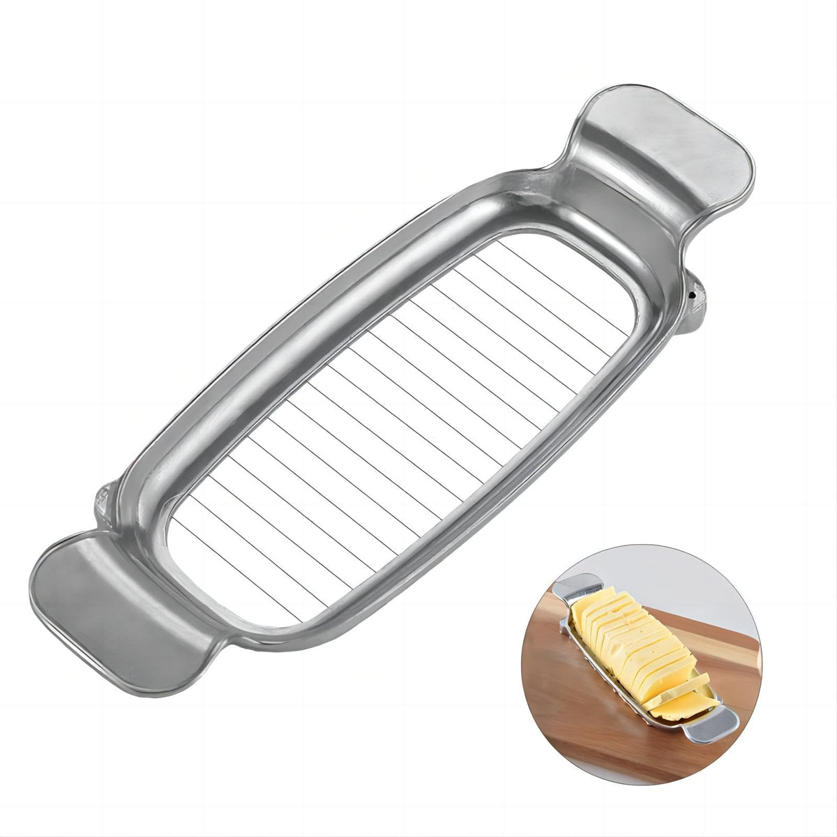 ADULLPONY butter slicer shows precise square cuts for consistent portions.