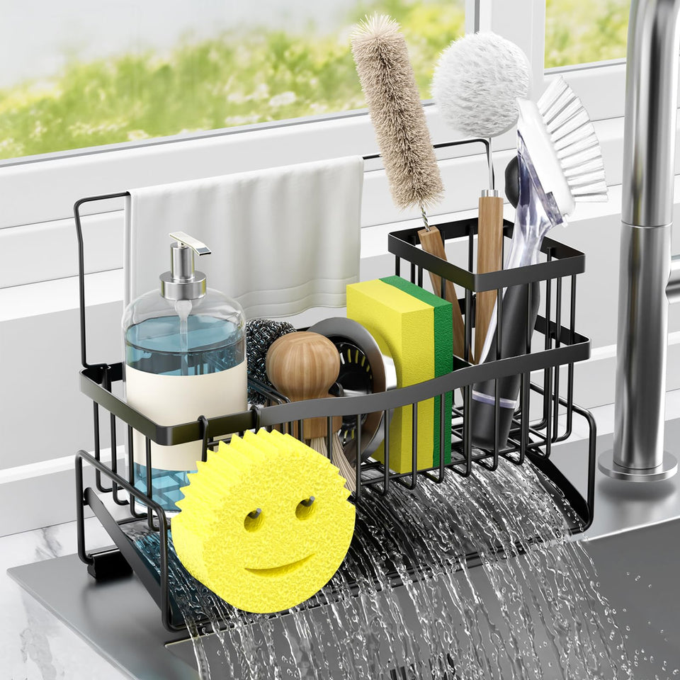Adurei sponge holder with self-draining design keeps sink area dry and organized.