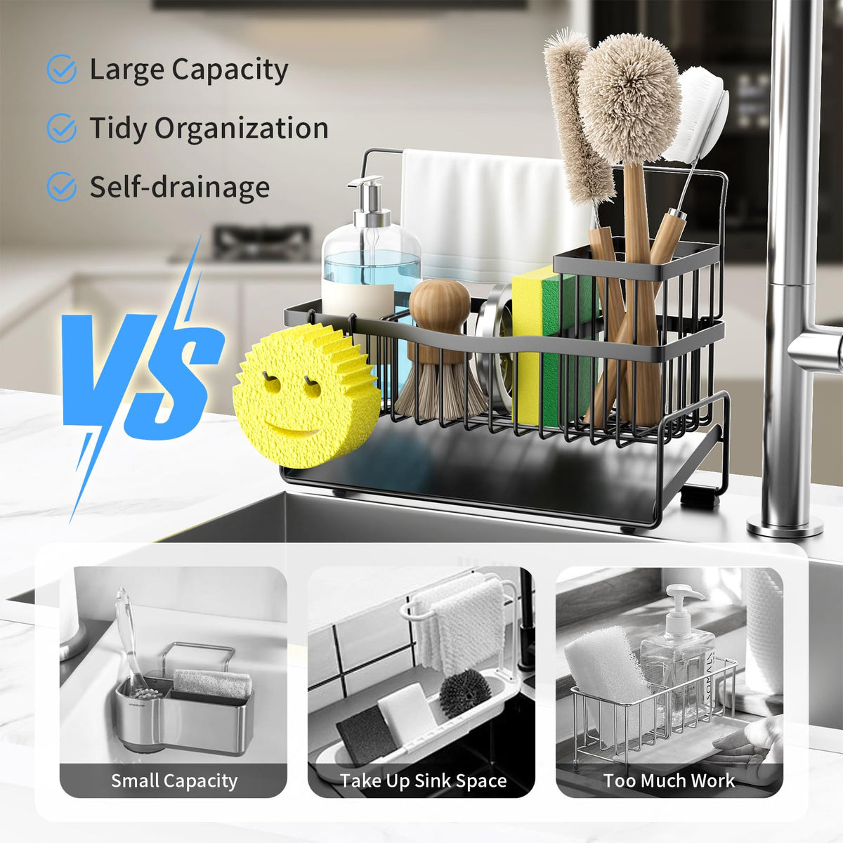 Adurei sponge holder with removable divider creates three compartments for easy storage.