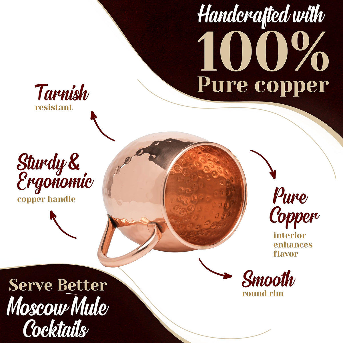 Advanced Mixology Mule Science hammered texture detail on copper mugs for premium look.