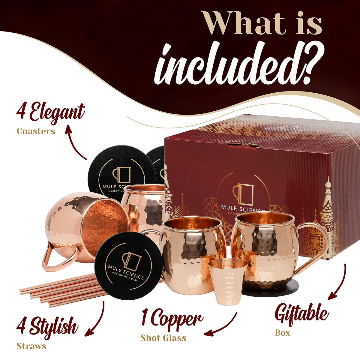 Advanced Mixology Mule Science set with straw and coaster accessories for convenient entertaining.