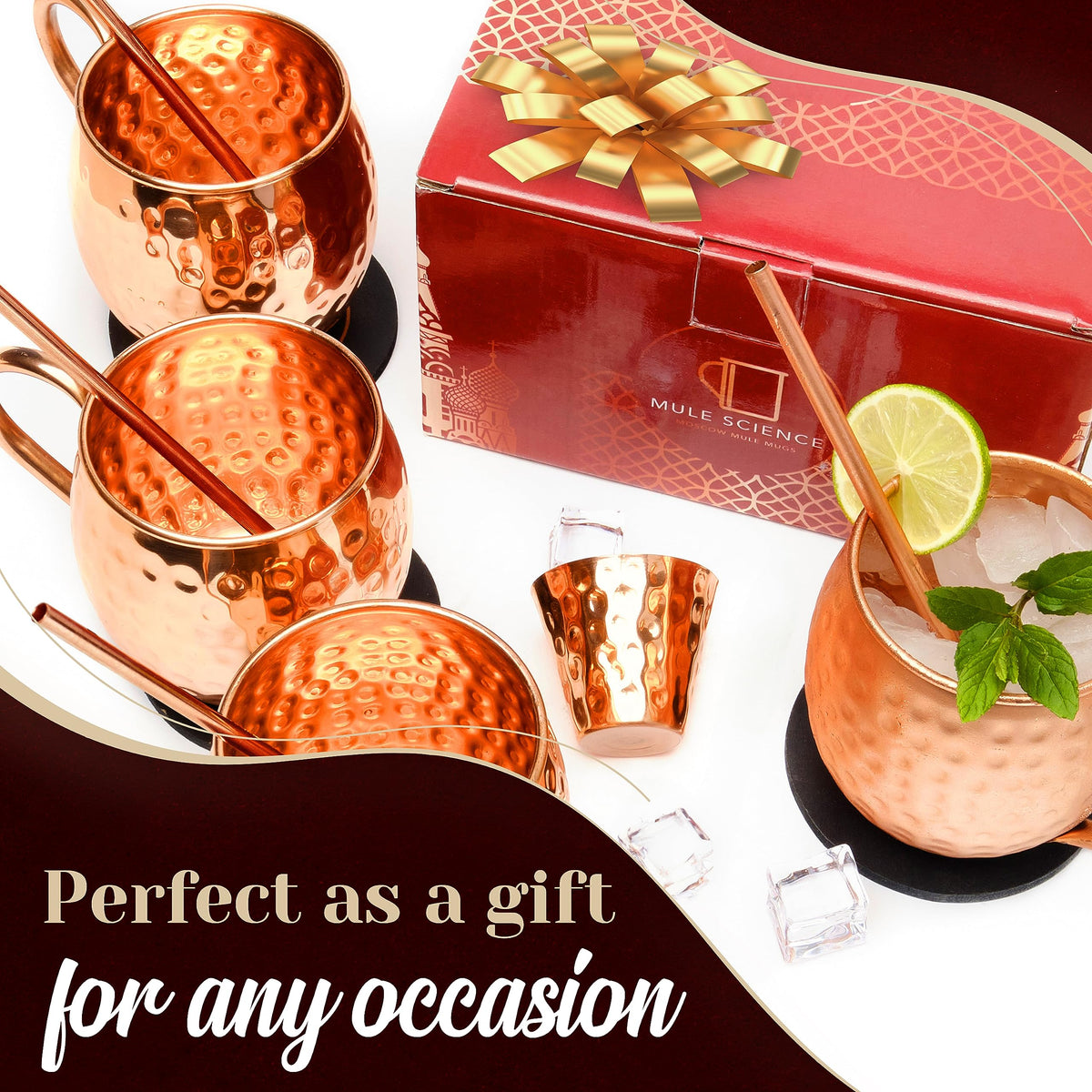 Advanced Mixology Mule Science tarnish-resistant finish on copper mugs for lasting shine.