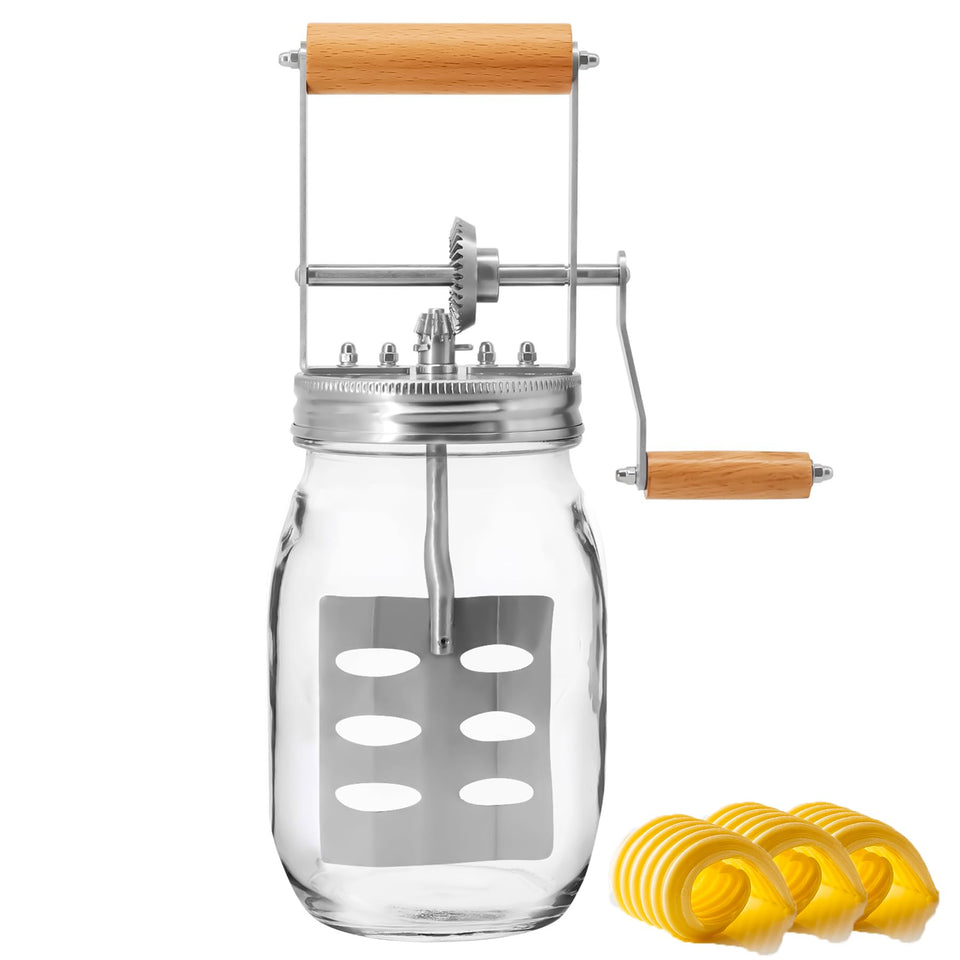Aeaker butter churner with 32oz glass jar for fresh butter in the home kitchen.