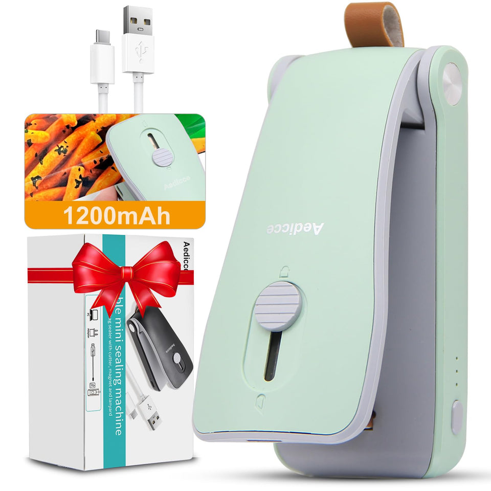 Aedicce Mini Bag Sealer green front view seals a snack bag for freshness