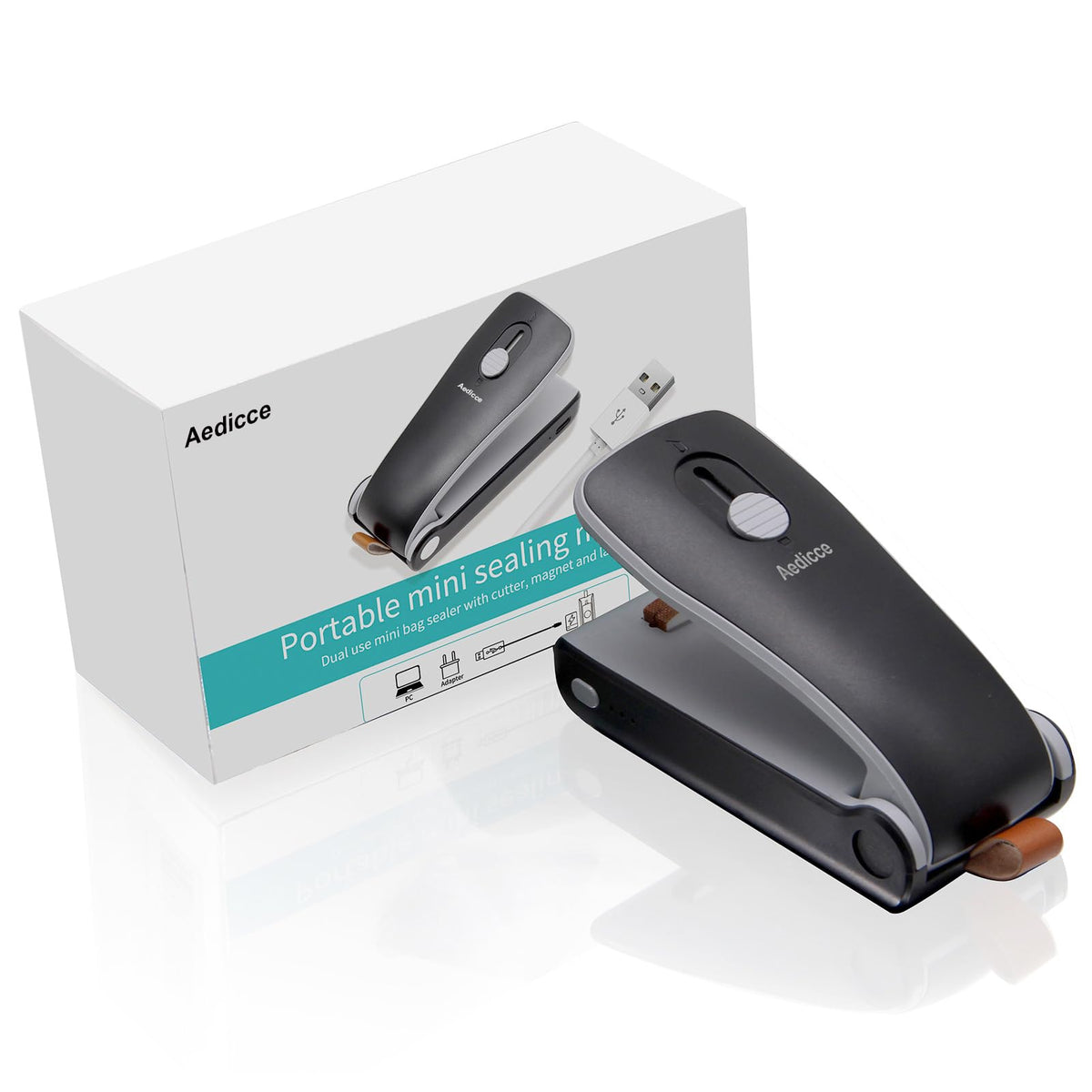 Aedicce package includes sealer, USB cable, and practice bags
