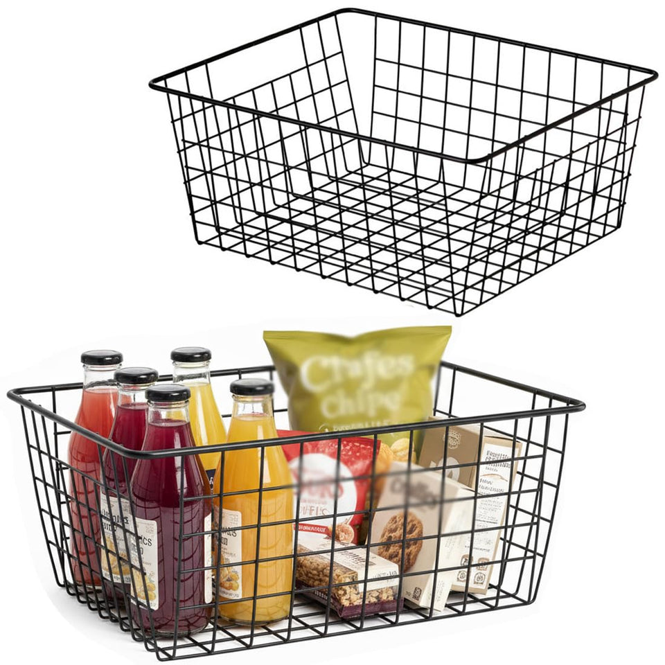 Aeggplant wire basket front view showing sturdy steel wires and organized storage