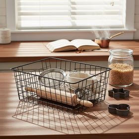 Aeggplant basket side profile illustrating compact footprint on shelf