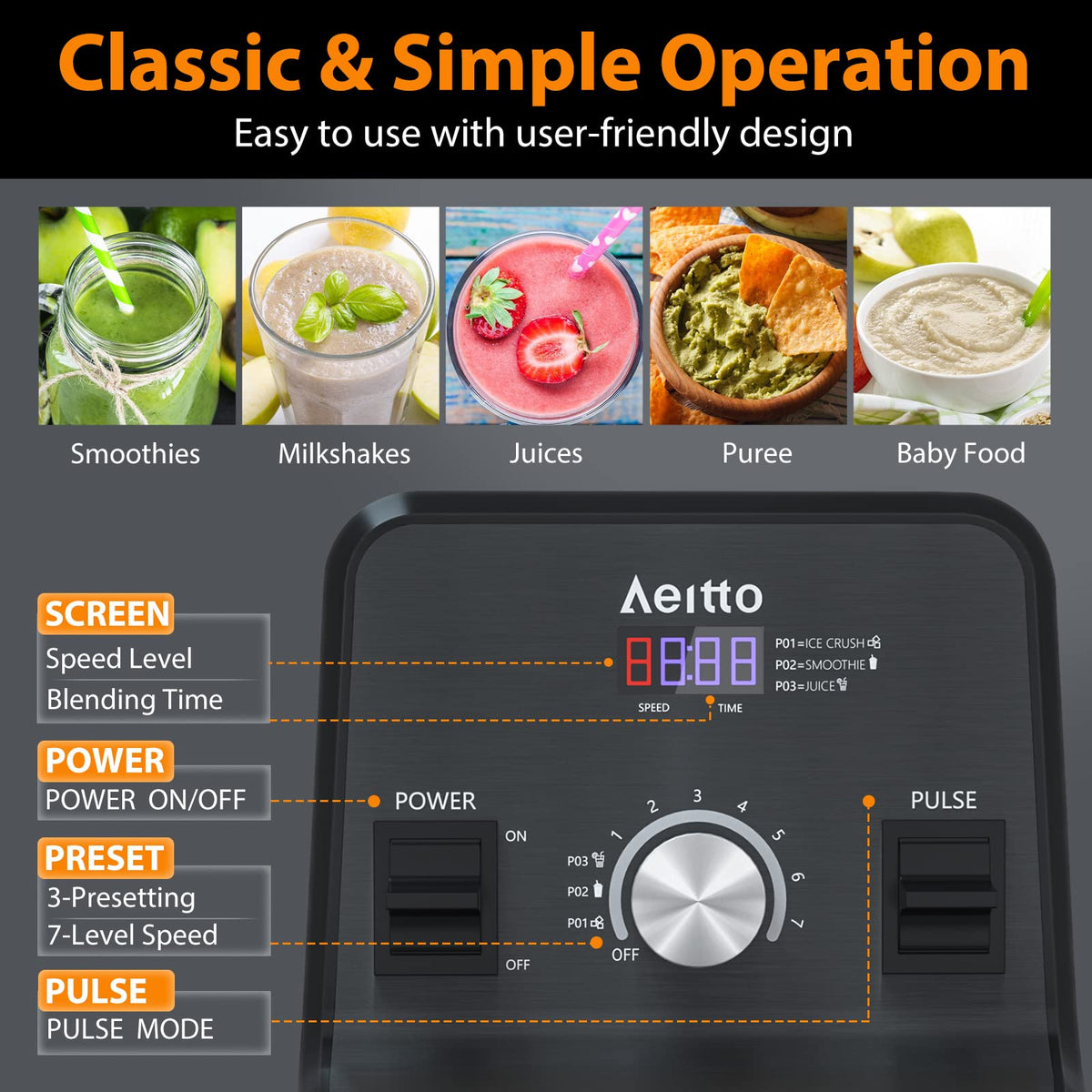 AEITTO blender showing ice-crush preset for quick frozen drinks.