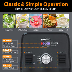 AEITTO blender showing ice-crush preset for quick frozen drinks.