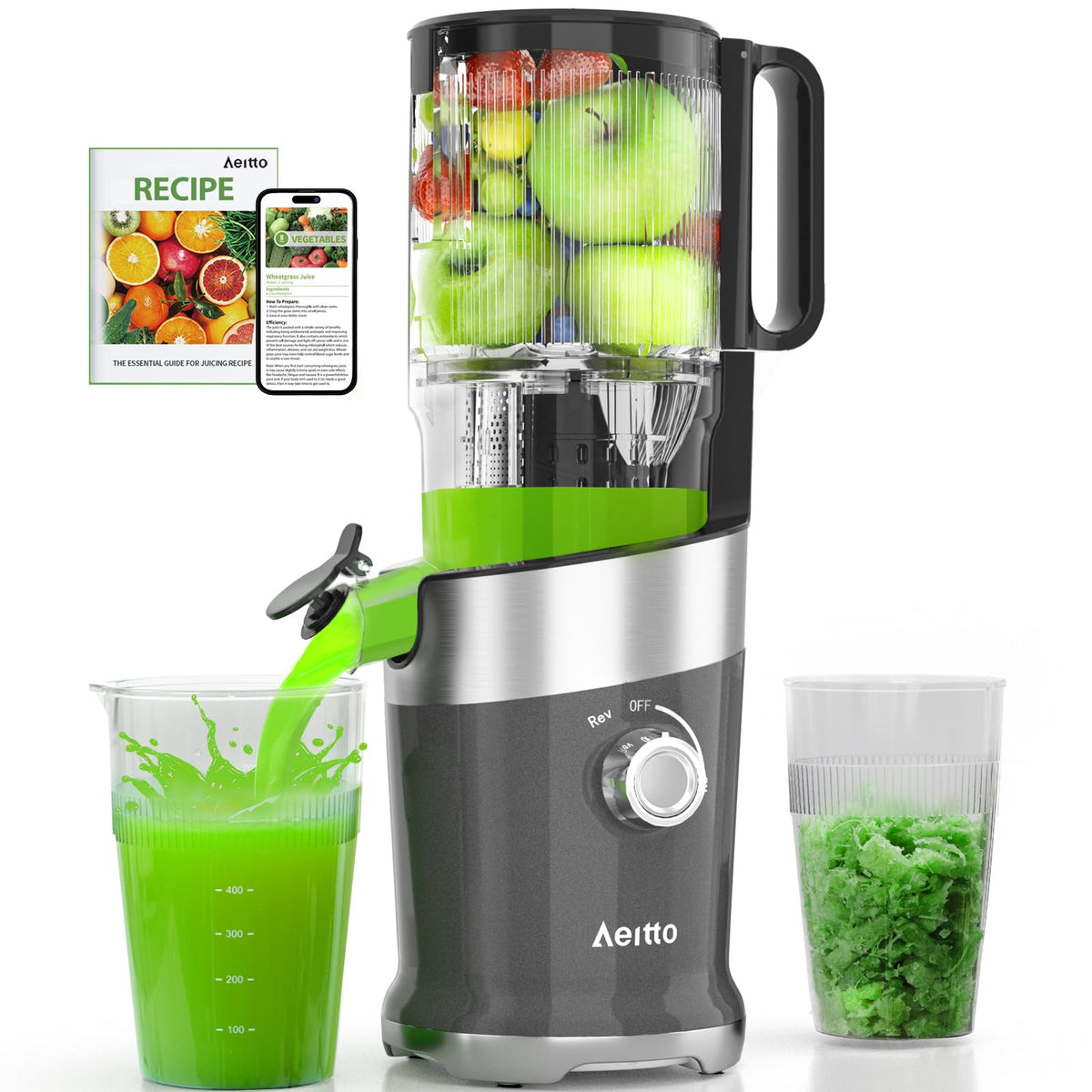 Aeitto juicer with wide feed chute handles whole fruits for faster prep.