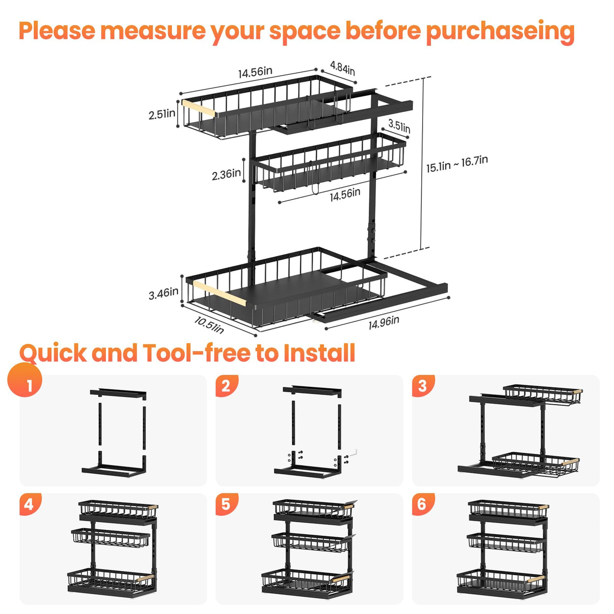 Aekenr slide-out drawer baskets provide easy access to backs of cabinets