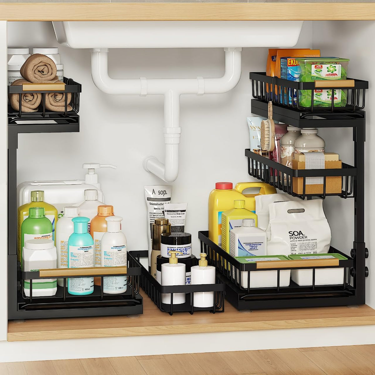 Aekenr under-sink organizer 3-tier keeps cabinets tidy and stores tall bottles