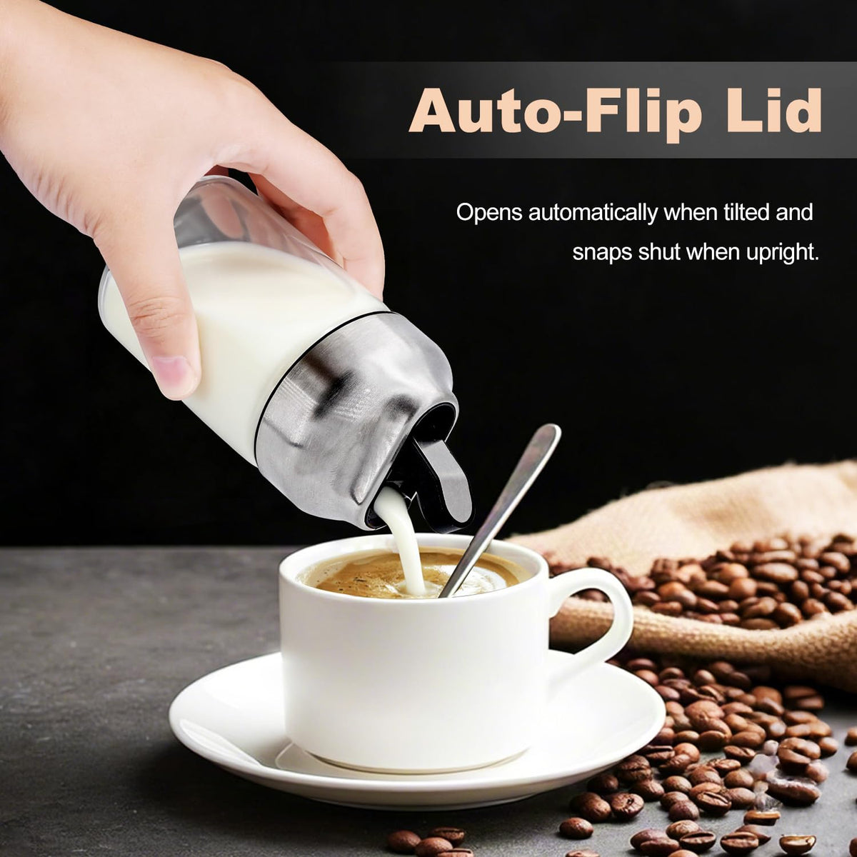 Aelga creamer pitcher with durable metal lid for clean pours