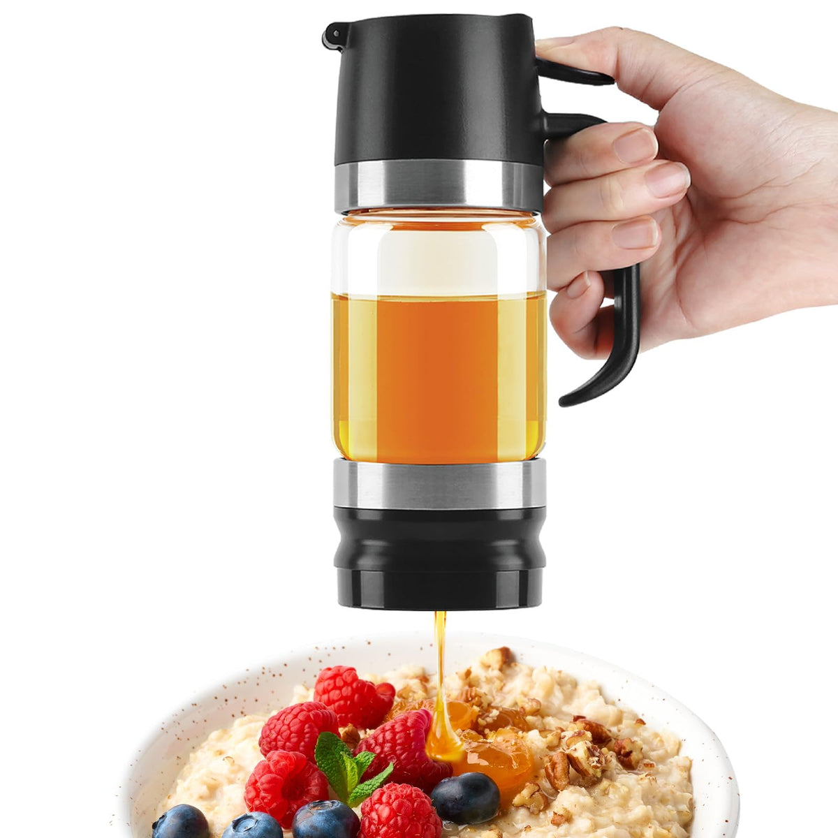 Aelga glass honey dispenser with no-drip pour for mess-free kitchen use