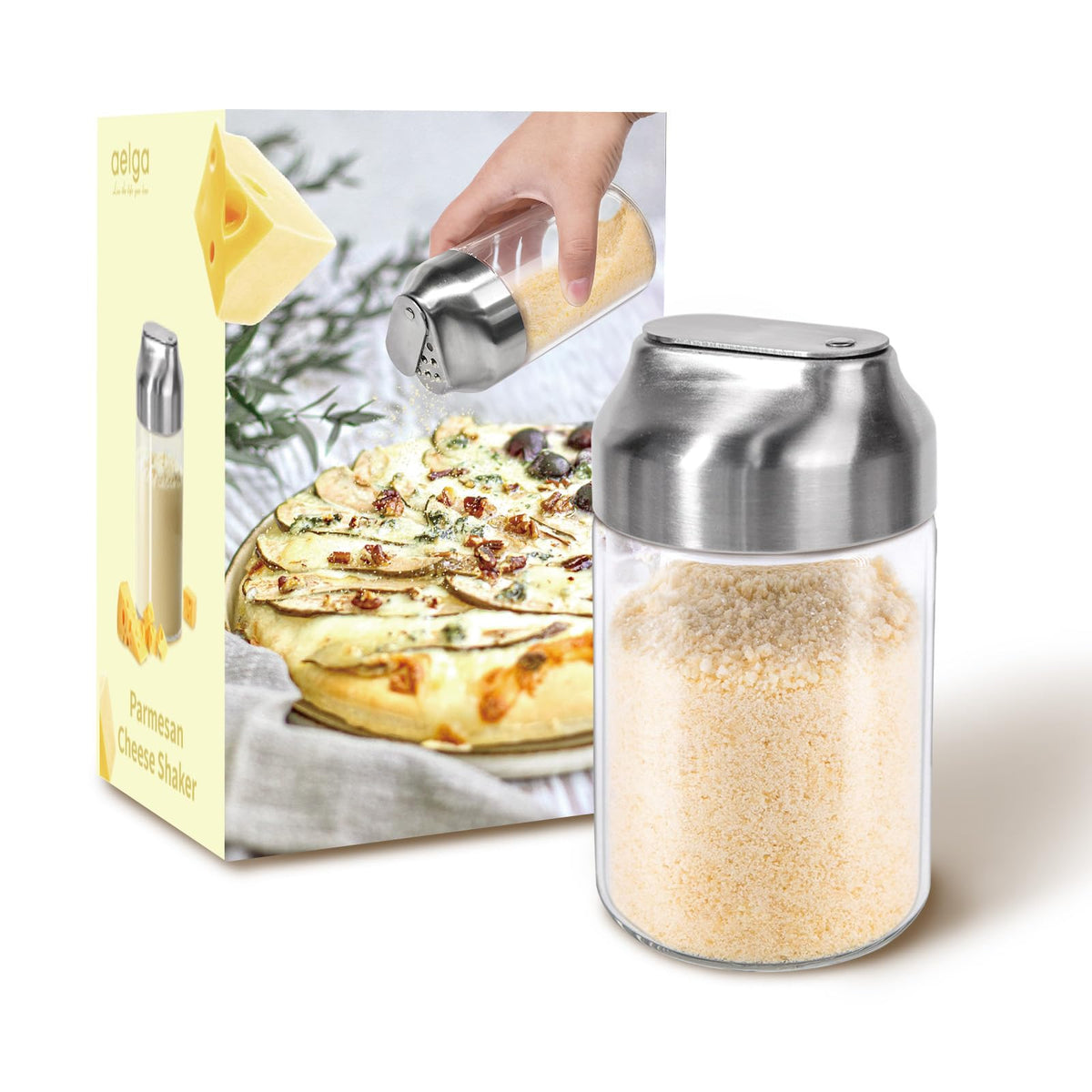 Aelga Parmesan Cheese Shaker 12oz glass body for quick content recognition on the counter.
