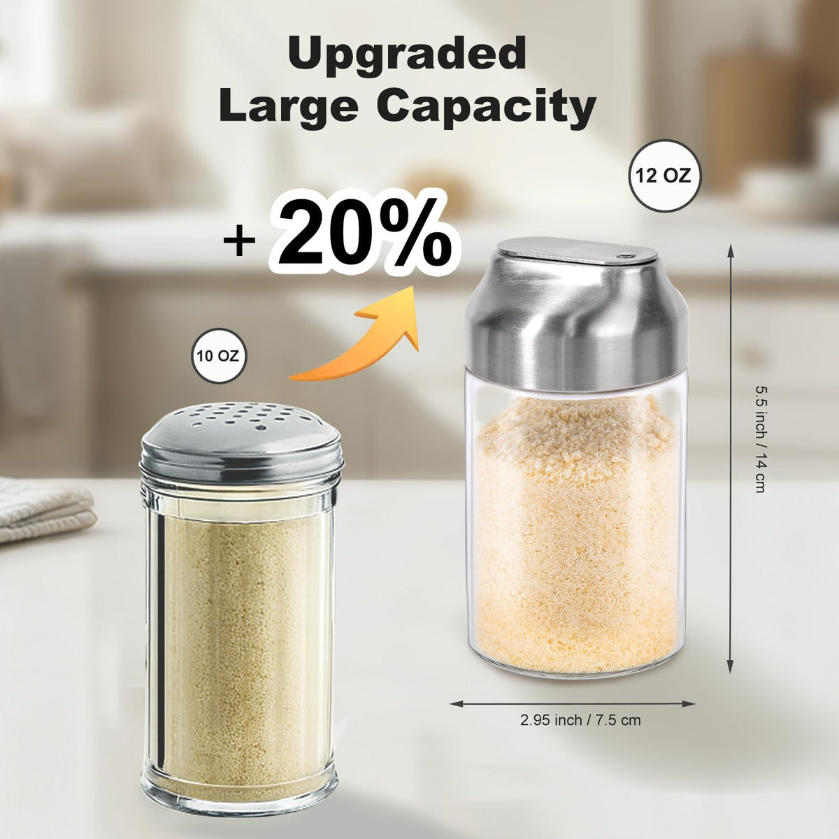Aelga Parmesan Cheese Shaker with large holes ensures smooth, clump-free dispensing of toppings.