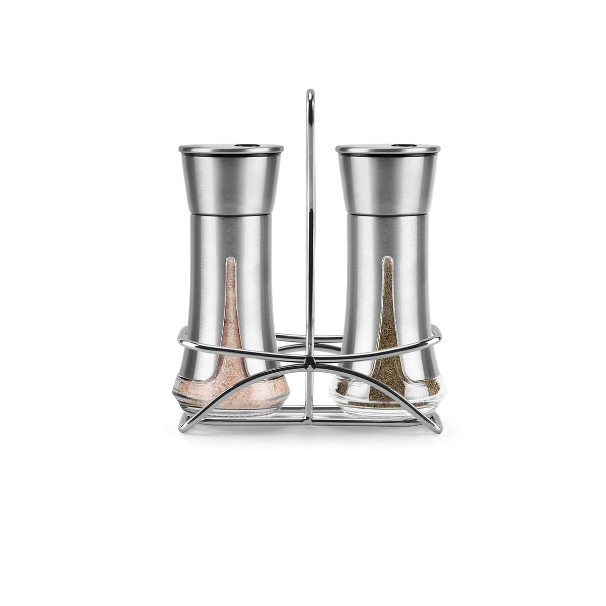 Aelga salt and pepper shakers with holder for easy countertop access.