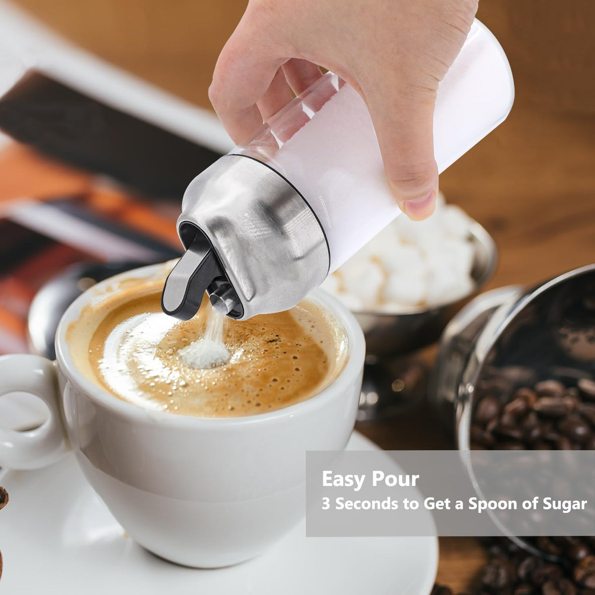 Aelga sugar dispenser with auto-cap flip lid for easy, mess-free pouring.