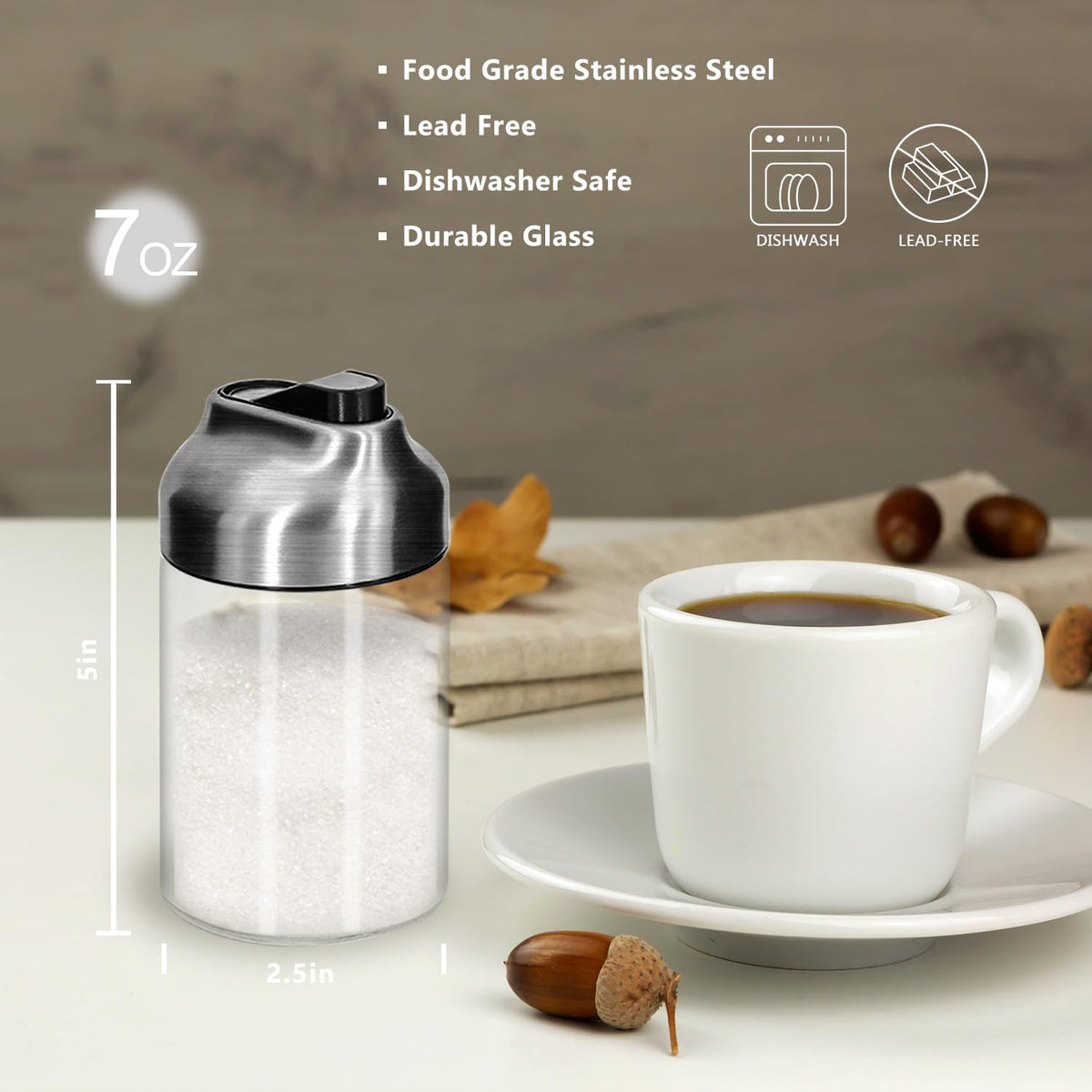 Aelga sugar dispenser with stainless lid blocks odors and ants.