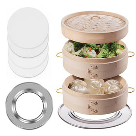 Aelnok Bamboo Steamer 10-Inch two-tier with silicone liners for quick, flavorful dumplings and vegetables.