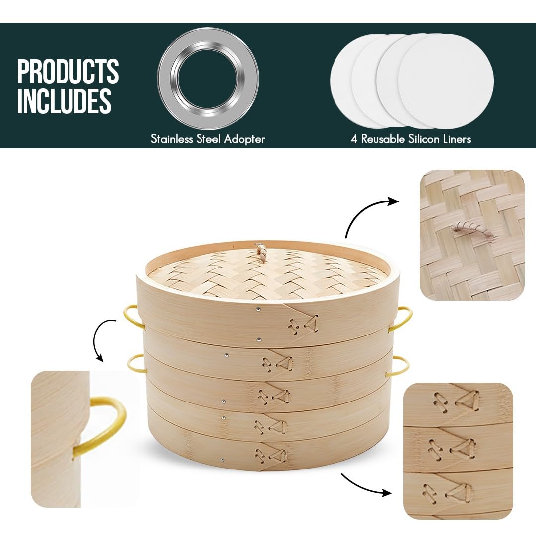 Aelnok bamboo steamer with four silicone liners prevents sticking and simplifies cleanup.