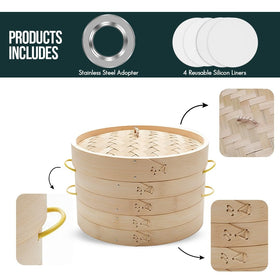 Aelnok bamboo steamer with four silicone liners prevents sticking and simplifies cleanup.