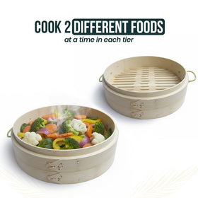 Aelnok two-tier steamer preserves flavor and nutrients during steam cooking sessions.