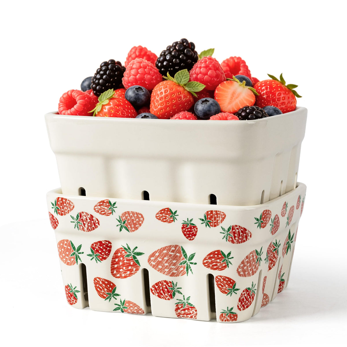 AELS ceramic berry basket, 5.9 inch, on counter with fresh berries and soft light.
