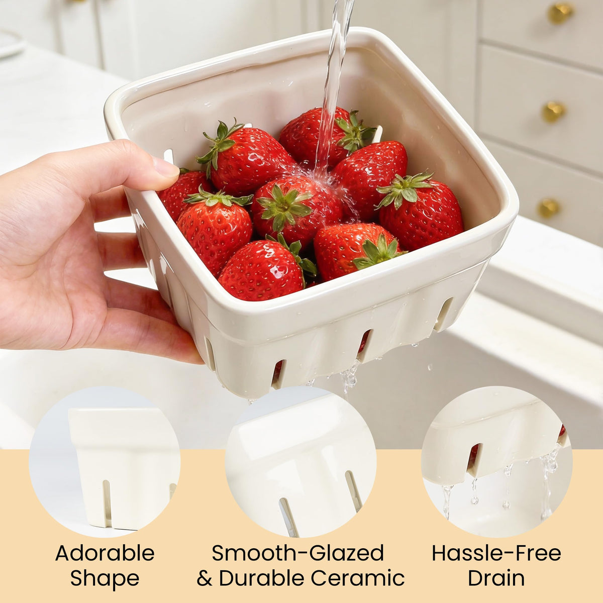 Farmhouse white pink strawberry patterned bowl used to display fruit on a rustic counter.