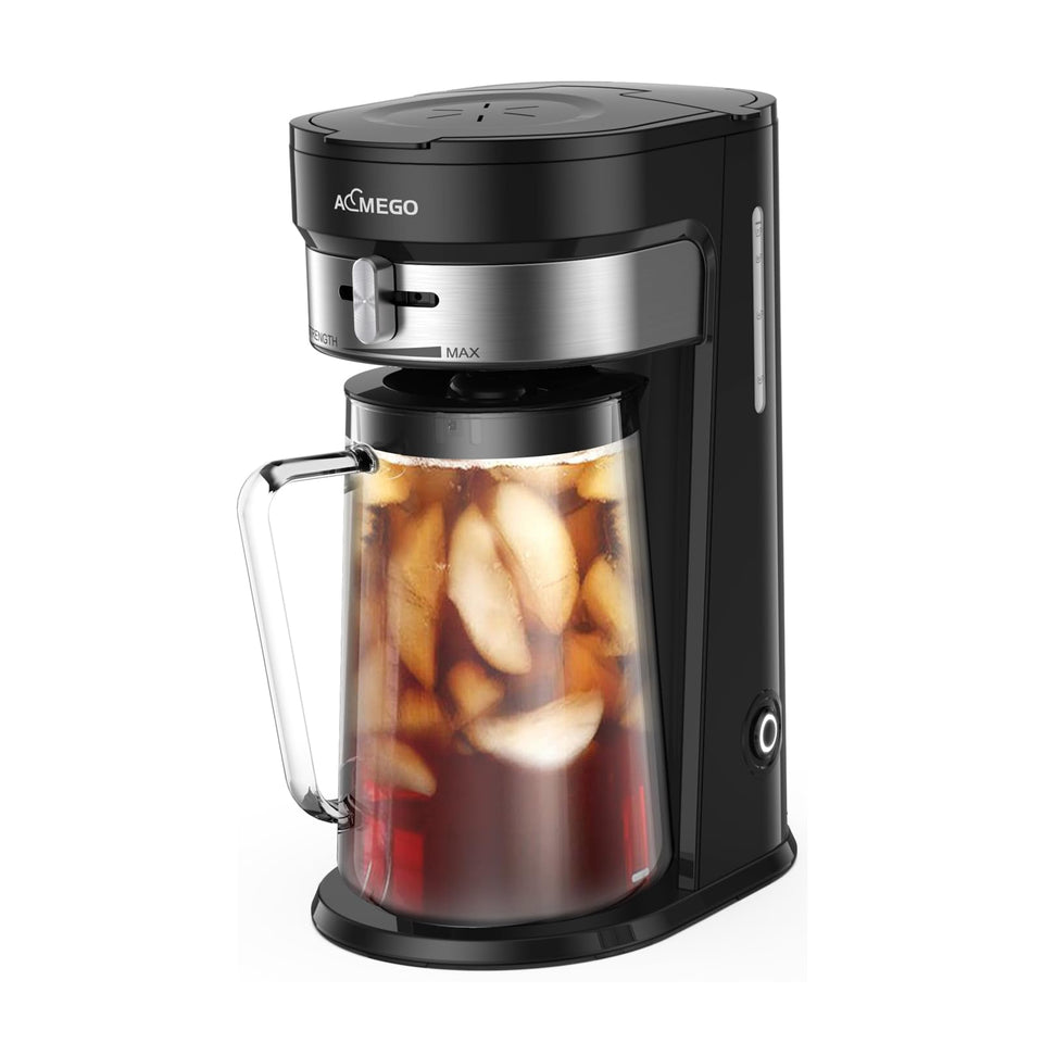 AEMEGO iced tea maker with side view showing the 2.5-quart pitcher for easy large-batch serving