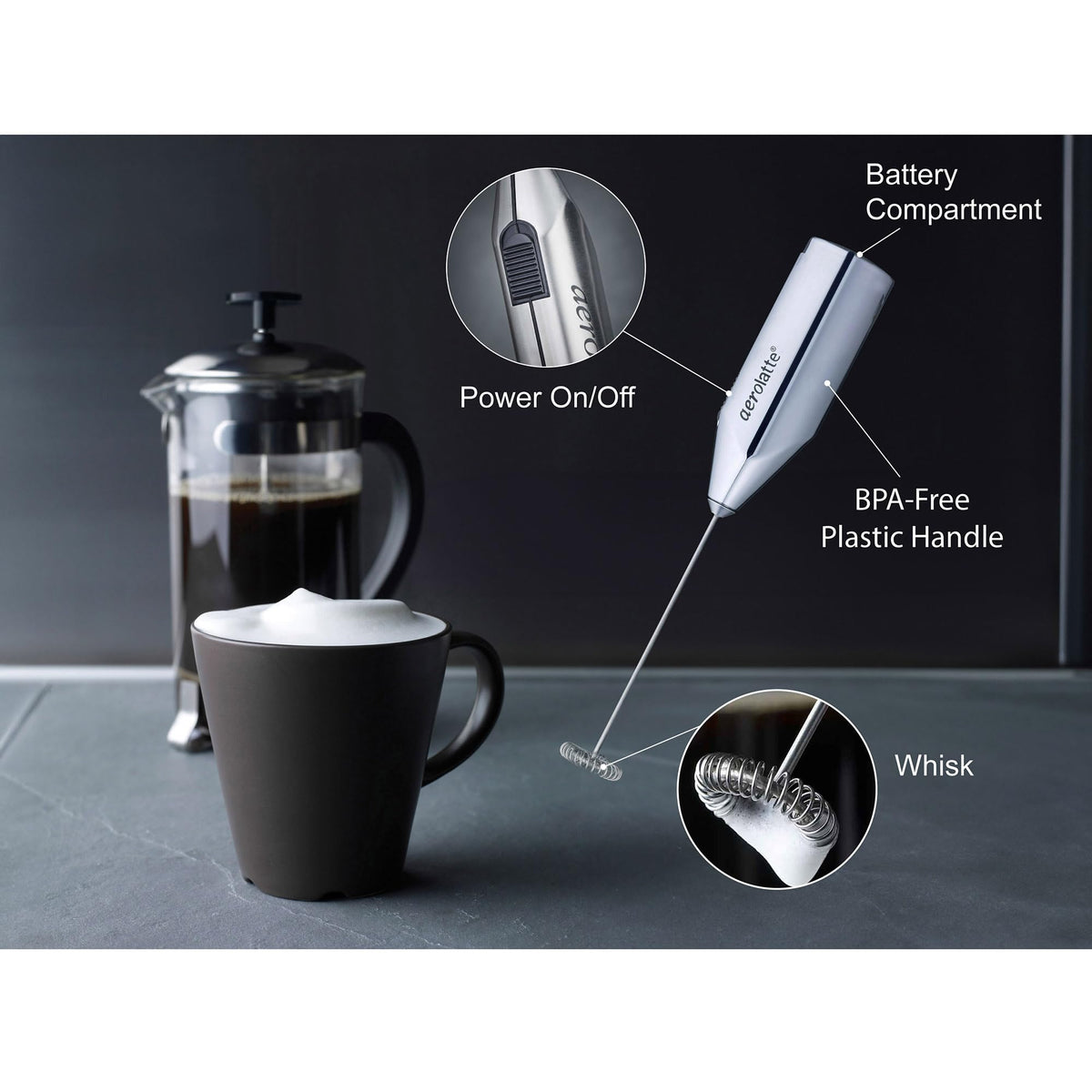 Aerolatte Steam-Free Frother in BPA-free plastic housing for safe portable use.