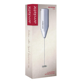 Aerolatte steam-free frother is cleaned by rinsing whisk and wiping housing.