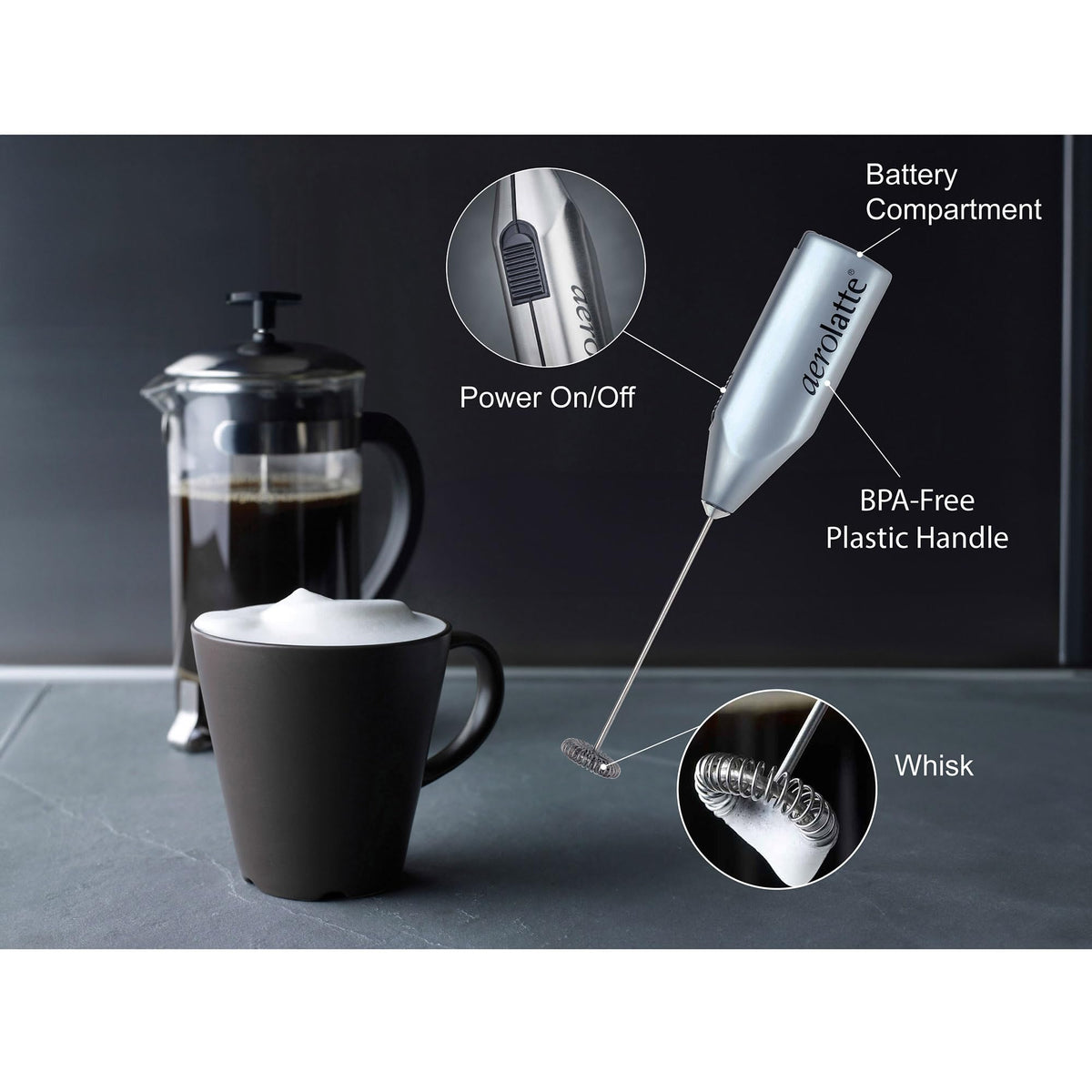 Aerolatte steam-free milk frother whisk head delivers rich, creamy foam quickly.