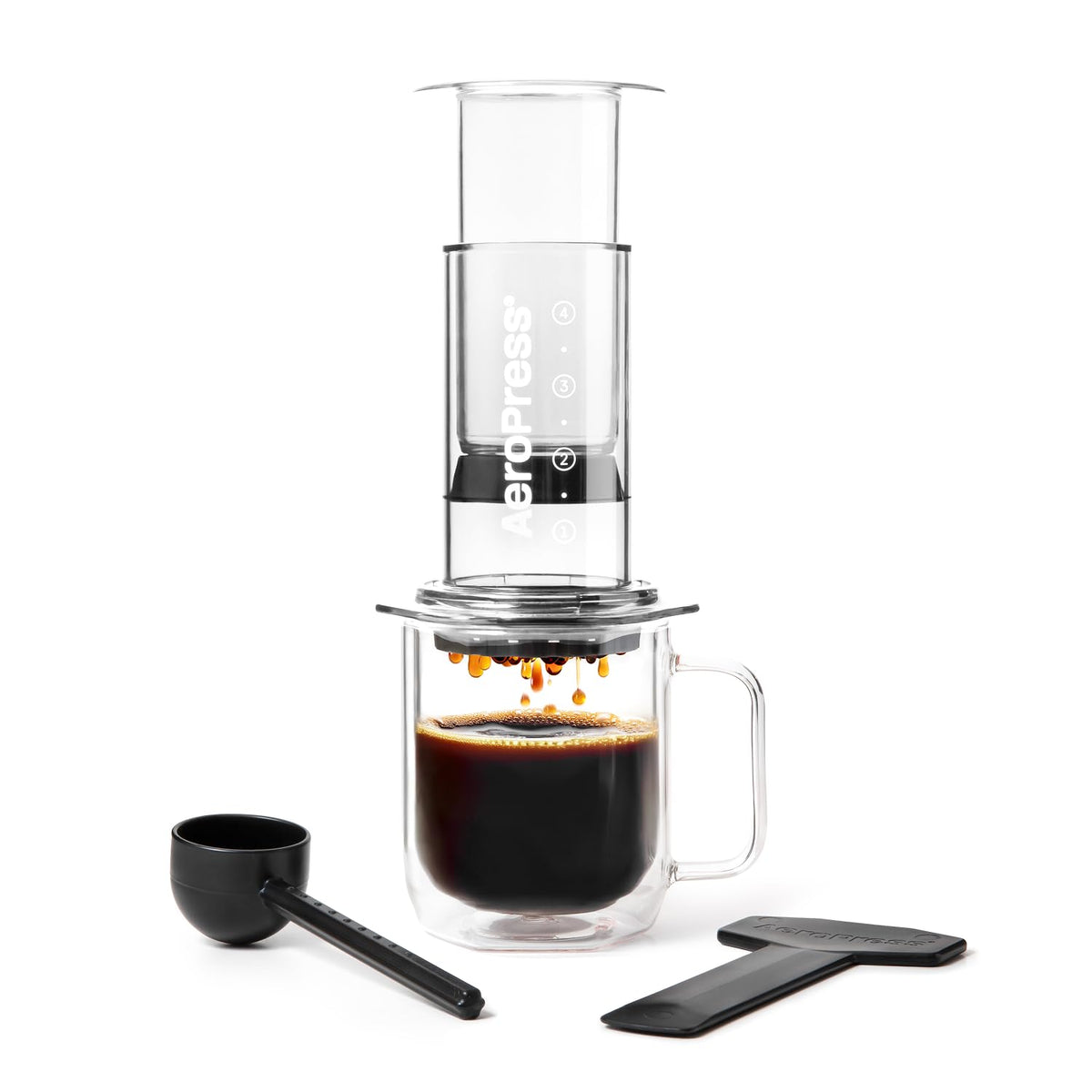 AeroPress Clear Coffee Press front view showcasing portable, shatterproof design for travel.