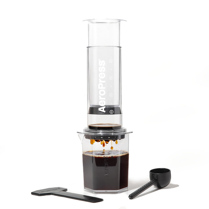 AeroPress Clear XL coffee press shows large chamber for fast, smooth brews.