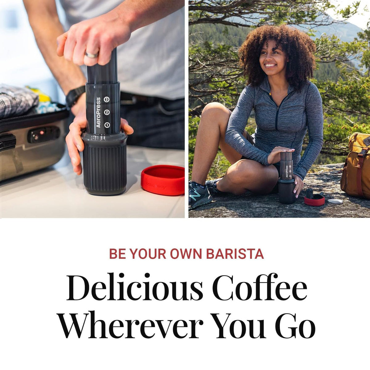 AeroPress Go microwavable mug with lid enables on-the-go brewing and easy transport.