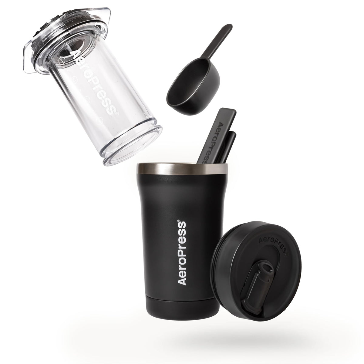 Built-in magnetic lid seals the AeroPress Go Plus for spill-free portable brewing.
