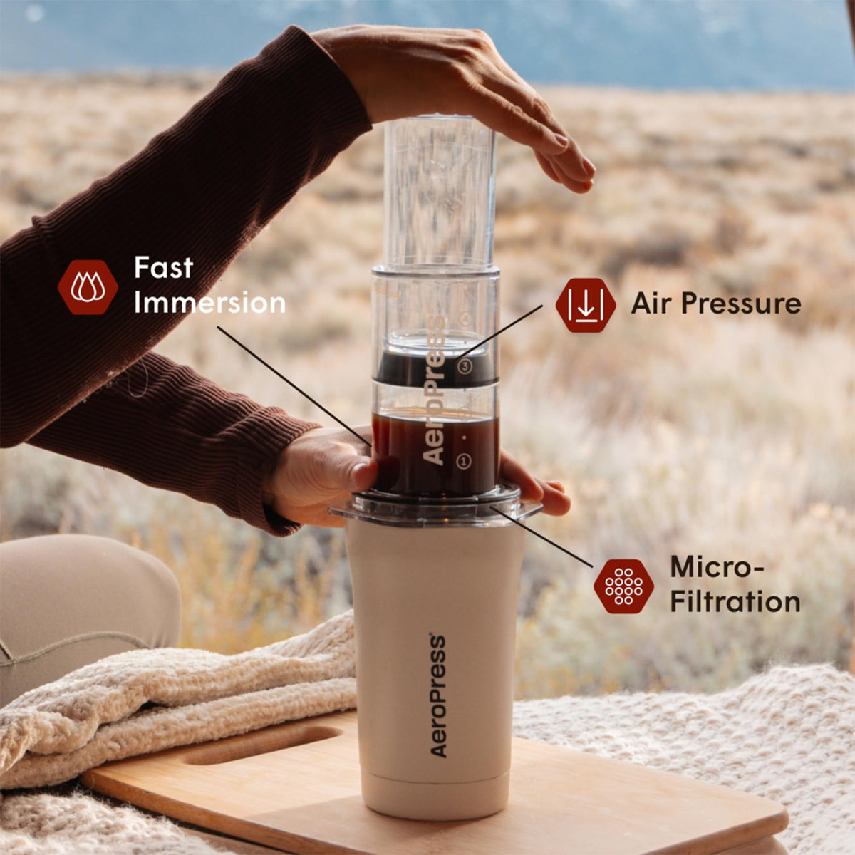 AeroPress Go Plus tumbler with magnetic lid ready for hot or iced coffee on the move.
