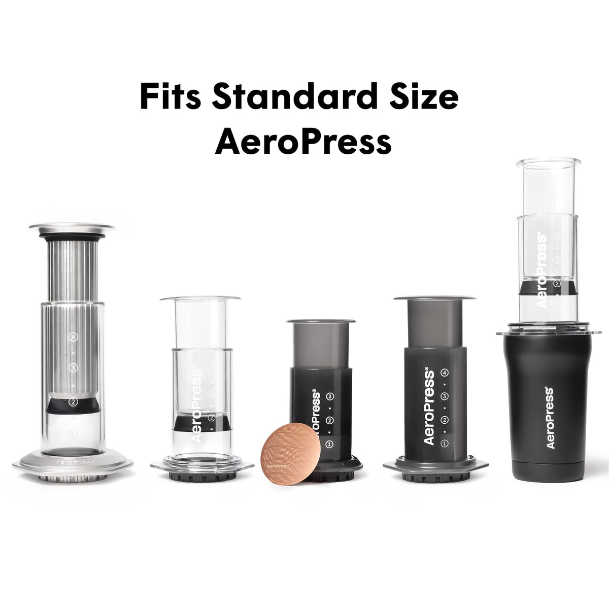 AeroPress eco friendly filter shown with mug for travel.
