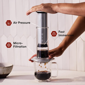 AeroPress Original in use with the Gold Tone filter enhancing compatibility.