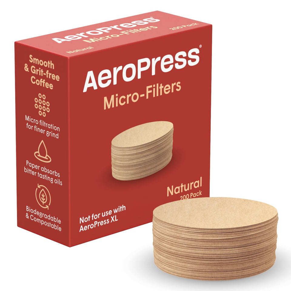 AeroPress natural paper filters round 200 count packaging for clean taste.