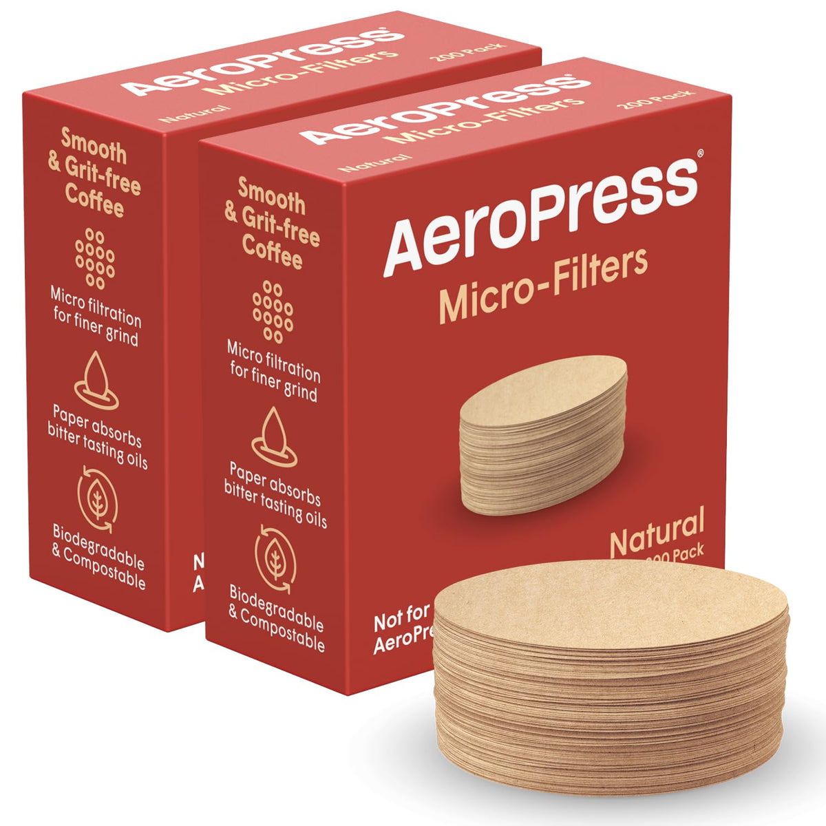 AeroPress natural paper micro-filters closeup; round 400-count 2-pack for clean brews