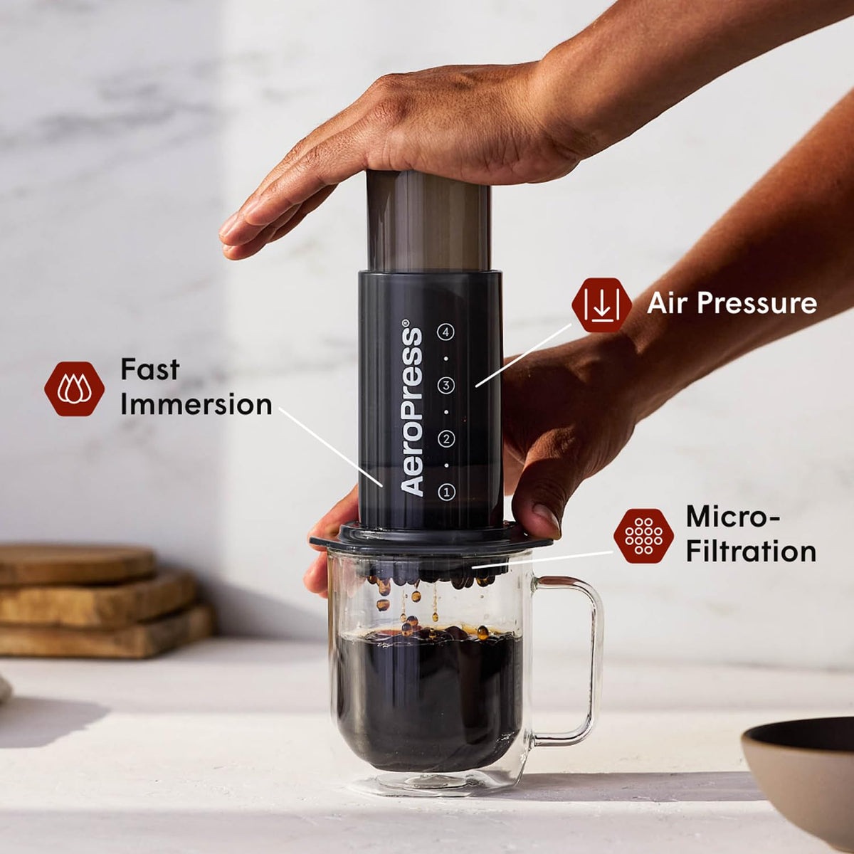 AeroPress Original assembly brew demonstrates three in one versatility for rich results.